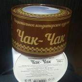 Круглая коробка для упаковки чак-чака, диаметр 12 см, высота 8 см. Печать: CMYK, пантон золото,лак ВД. Вклейка пластикового окошка.